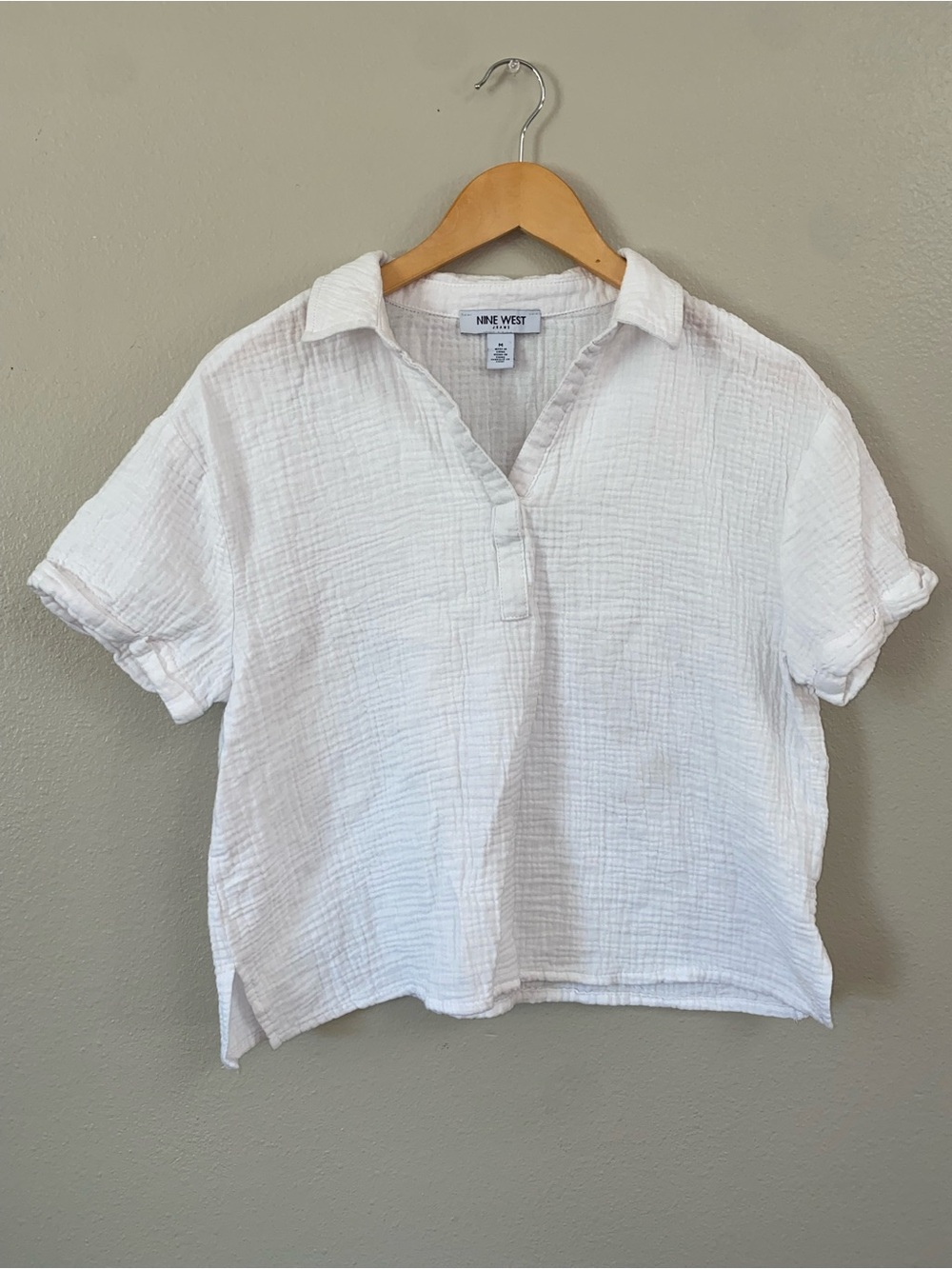 Nine West White Crinkle Gauze 100% Cotton Popover Top - Size M